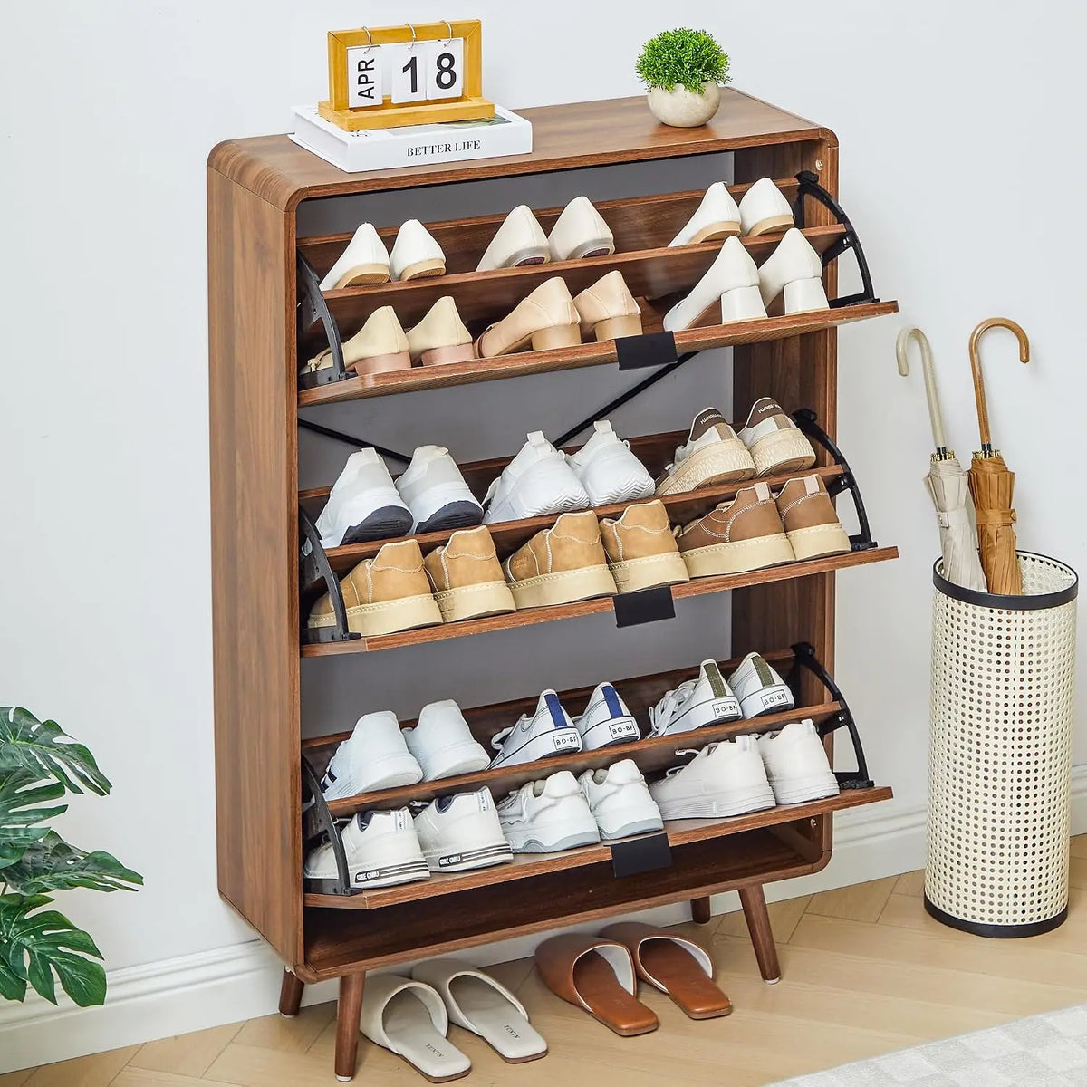 Fluted Tilt Proof  Narrow Slim Shoe Cabinet with 3 Flip Drawers