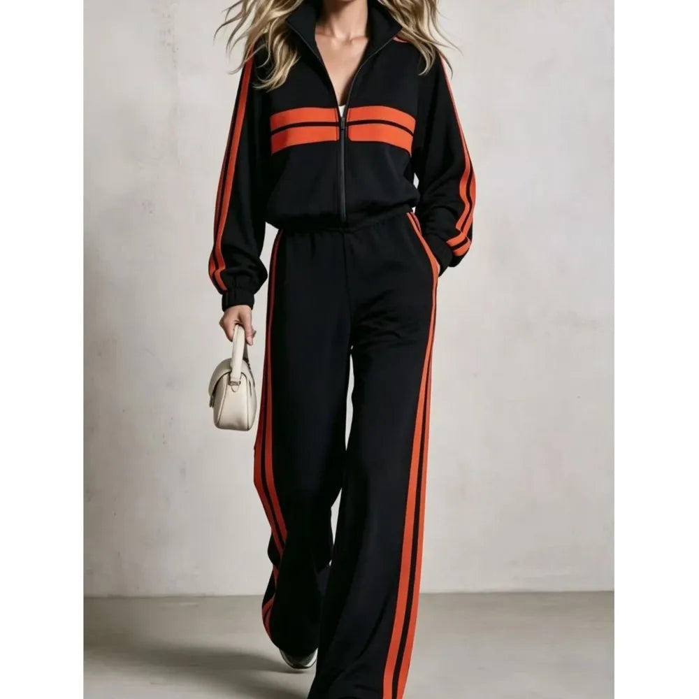 2Piece wide leg  Tracksuit Set with Stand Collar and  Zip Up Striped Jacket