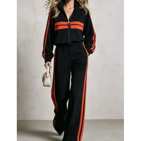 2Piece wide leg  Tracksuit Set with Stand Collar and  Zip Up Striped Jacket