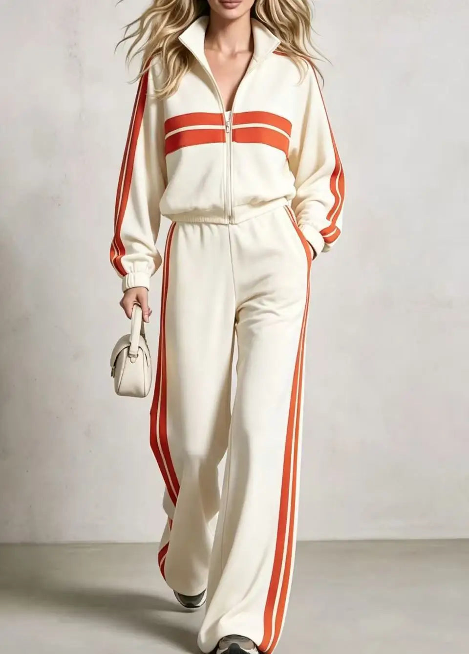 2Piece wide leg  Tracksuit Set with Stand Collar and  Zip Up Striped Jacket