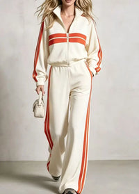 2Piece wide leg  Tracksuit Set with Stand Collar and  Zip Up Striped Jacket