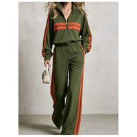 2Piece wide leg  Tracksuit Set with Stand Collar and  Zip Up Striped Jacket