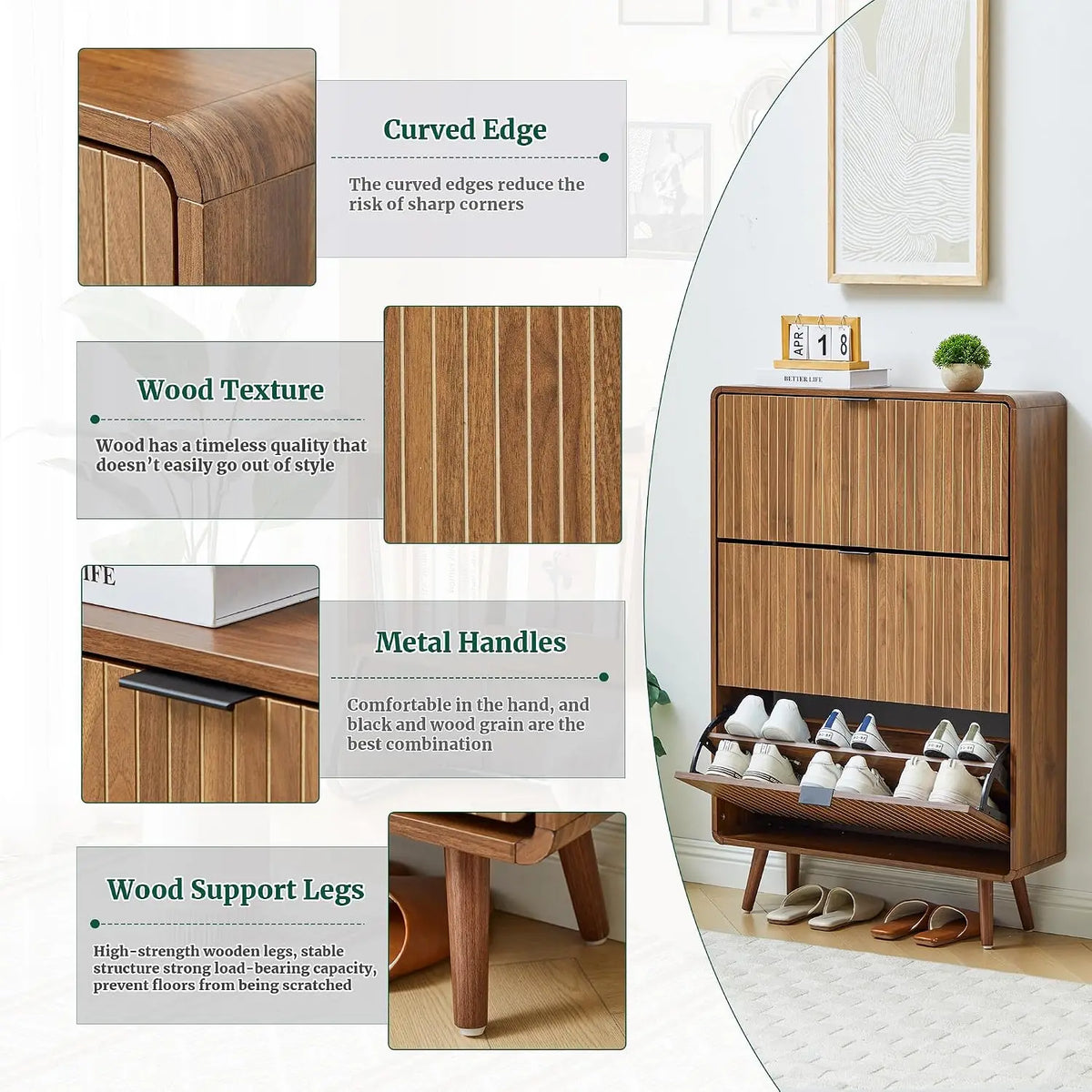 Fluted Tilt Proof  Narrow Slim Shoe Cabinet with 3 Flip Drawers