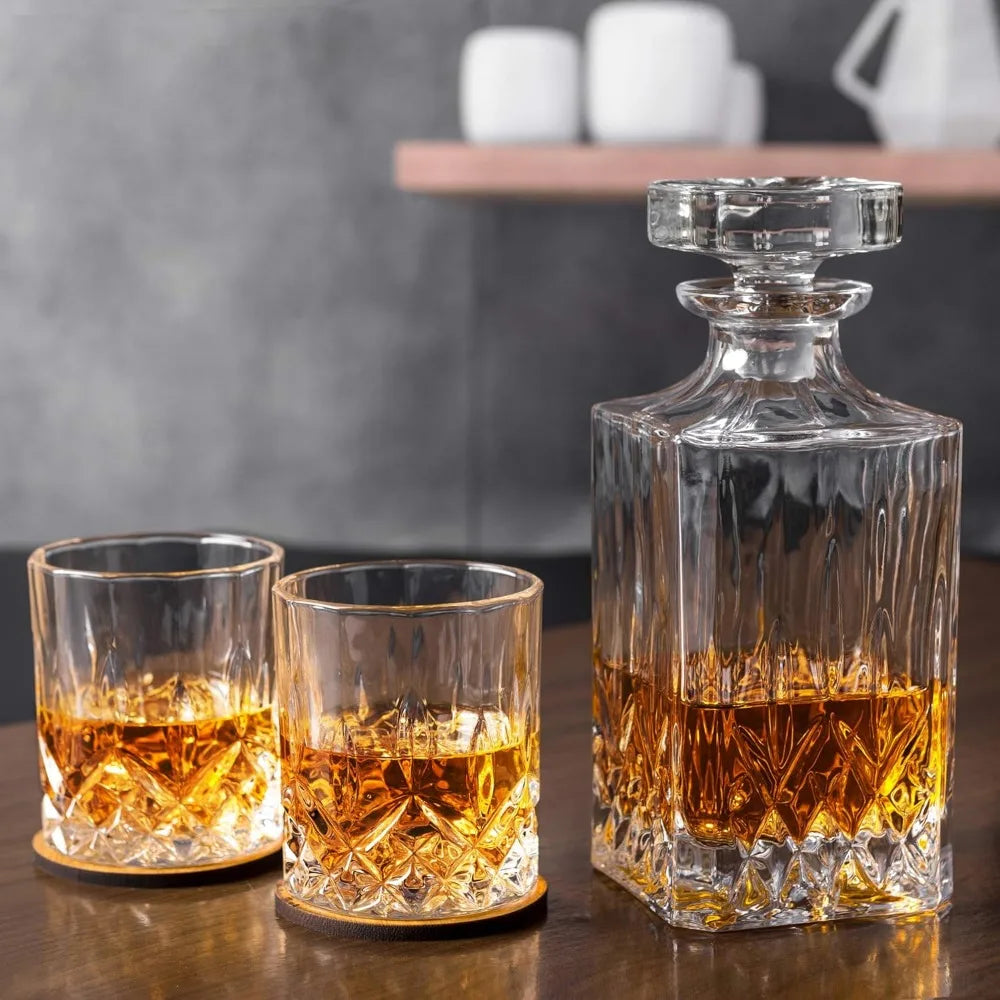 Whiskey Decanter and Glasses Set in Unique Gift Box - Original Crystal Liquor Decanter Set