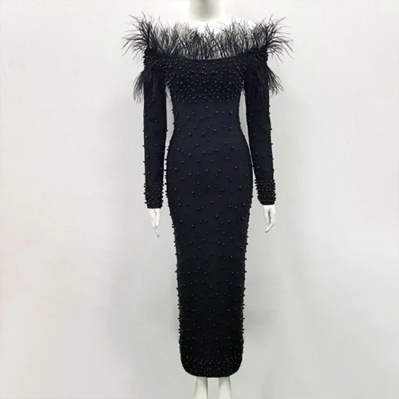 Pearl, Rhinestone  and Feathered Long Sleeve Evening Gown