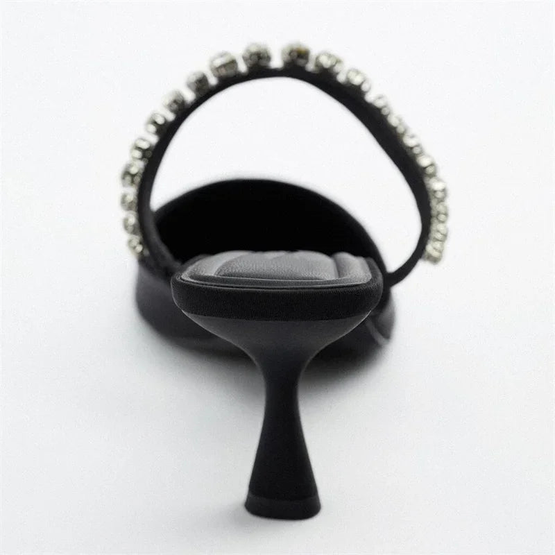 Sparkling Black Rhinestones Low Heel Mules