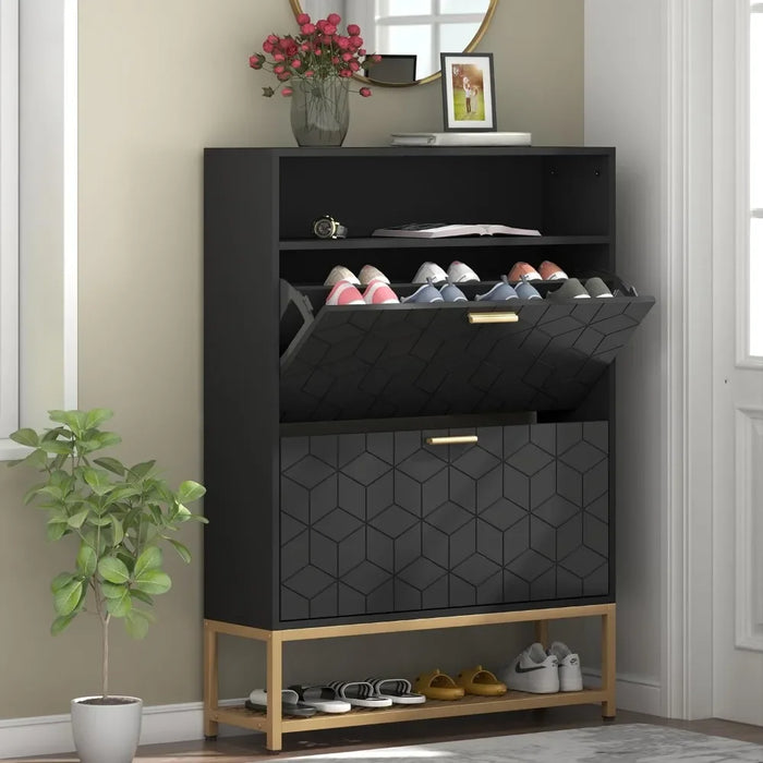 Shoe Cabinet, Free Standing Tipping Bucket Shoe Rack Organizer with 2 Flip Drawers and Shelf & Top Cubby,Narrow Shoe Storage