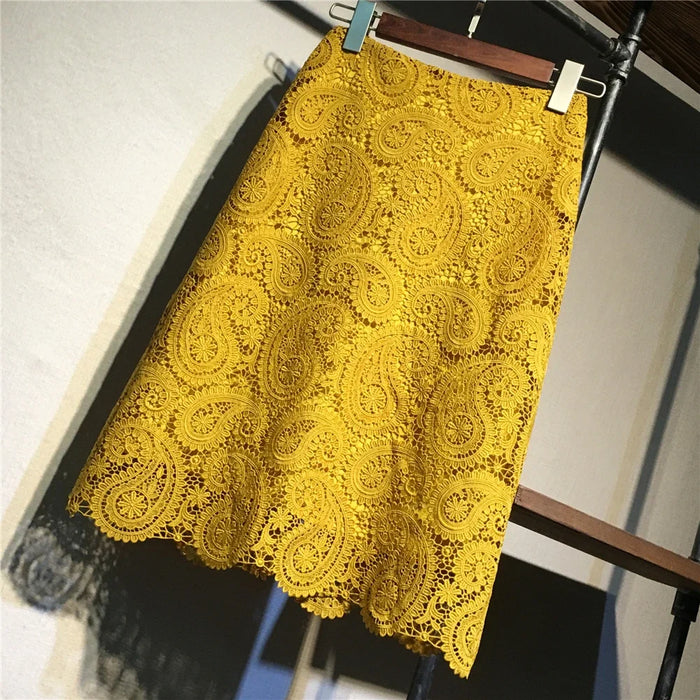 Women Black Yellow Lace Midi Pencil Skirt Bi-material Skirt For Suits With Zipper Long Floral Luxury SKirts Jupe Femme