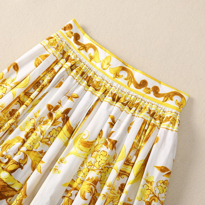 Delicate Knee length  Cotton Yellow court pleated skirt