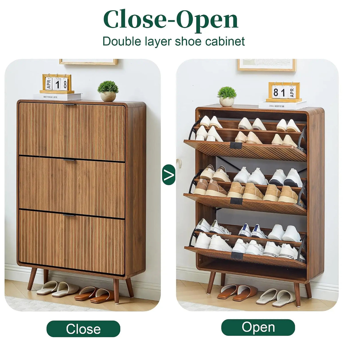 Fluted Tilt Proof  Narrow Slim Shoe Cabinet with 3 Flip Drawers