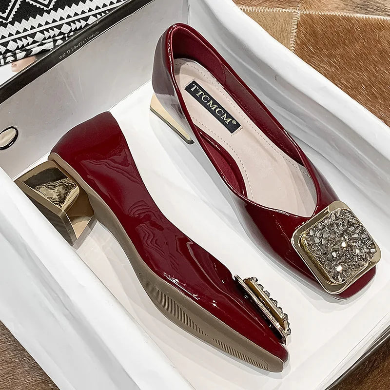 Rhinestone Patent Leather Medium Heel