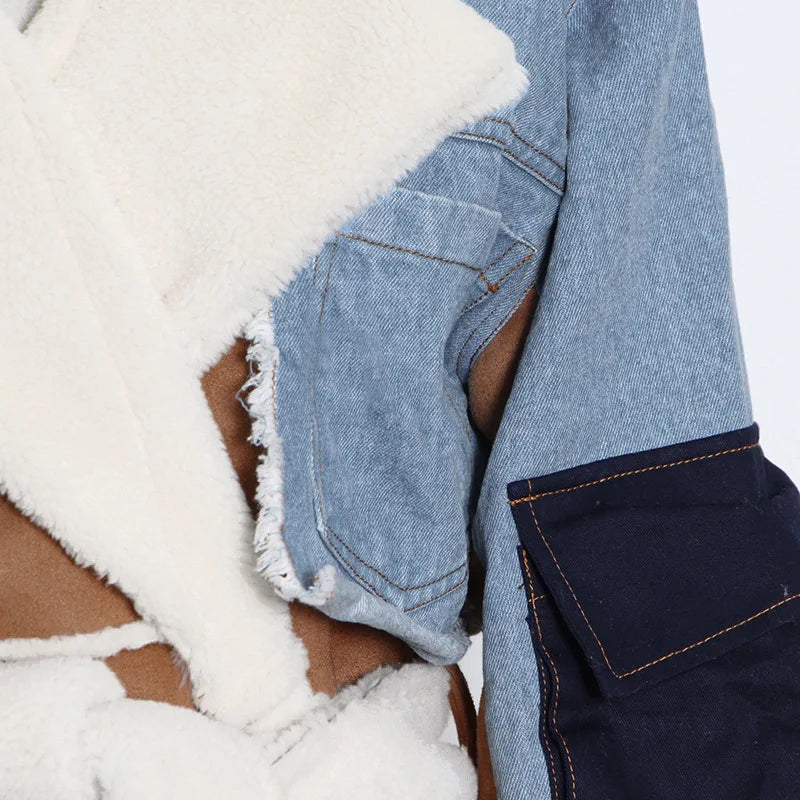 ZAMOR Denim Patchwork Urban Sheepskin Winter Coat