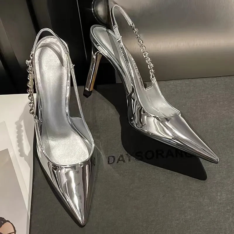 Dazzling Silver Point Toed High Heel Slingback Pumps