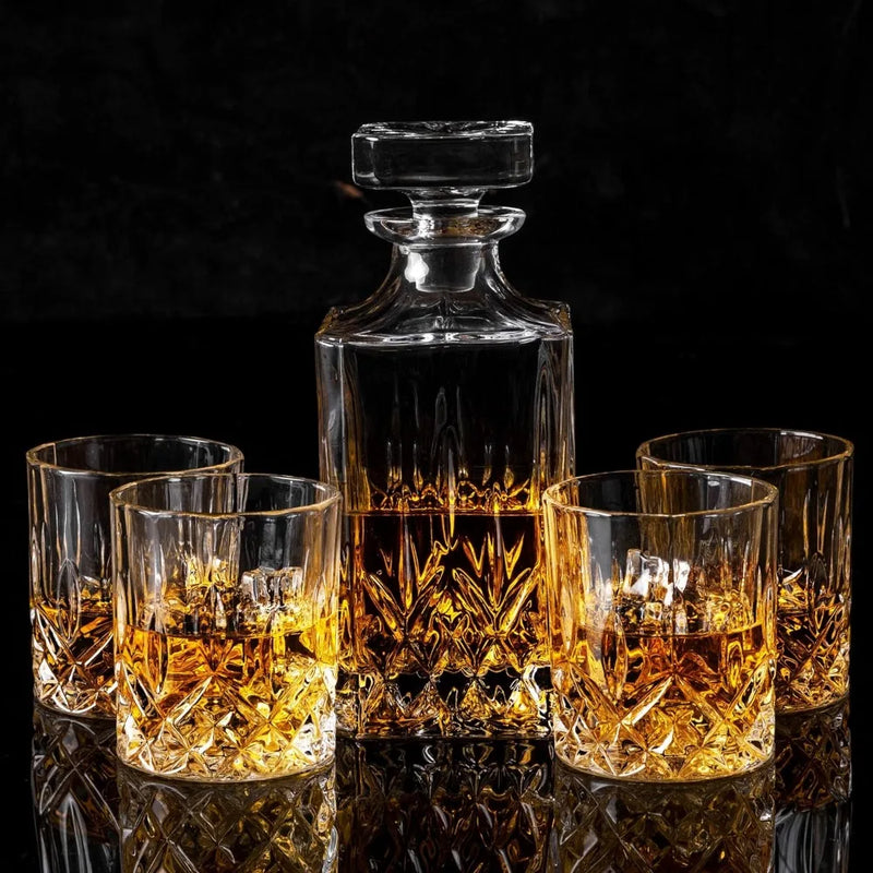 Whiskey Decanter and Glasses Set in Unique Gift Box - Original Crystal Liquor Decanter Set