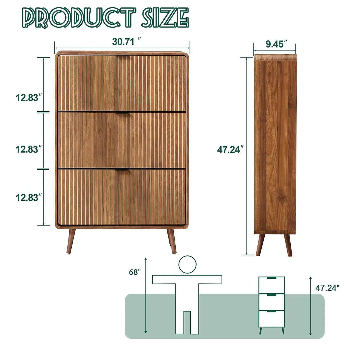 Fluted Tilt Proof  Narrow Slim Shoe Cabinet with 3 Flip Drawers