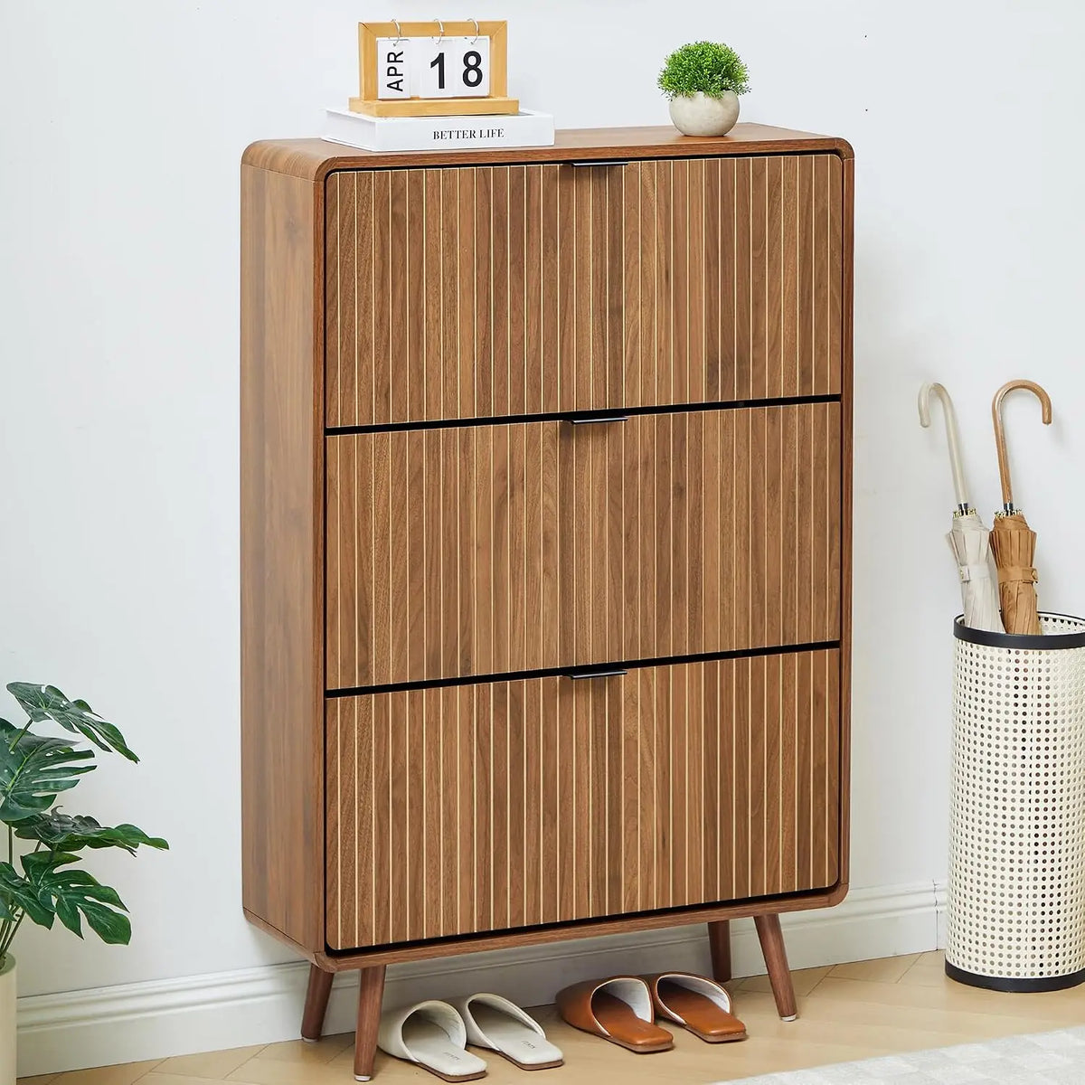 Fluted Tilt Proof  Narrow Slim Shoe Cabinet with 3 Flip Drawers