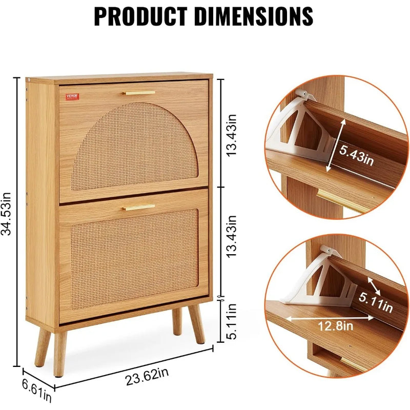 Shoe Storage Cabinet for Entryway, 23.6" D x 6.6" W x 34.5" H, Wood Color