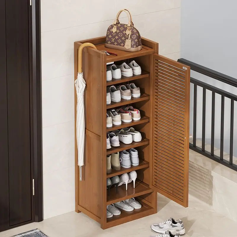 Multi Level Solid Bamboo Shoe Cabinet with Doors