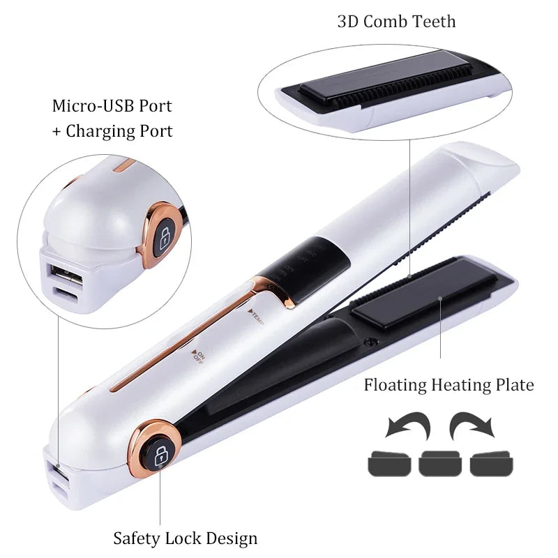 Portable Travel USB Rechargeable Hair Straightener with Power Bank