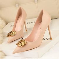Soft Leather Pointed Decorative Metal Buckle Stiletto
