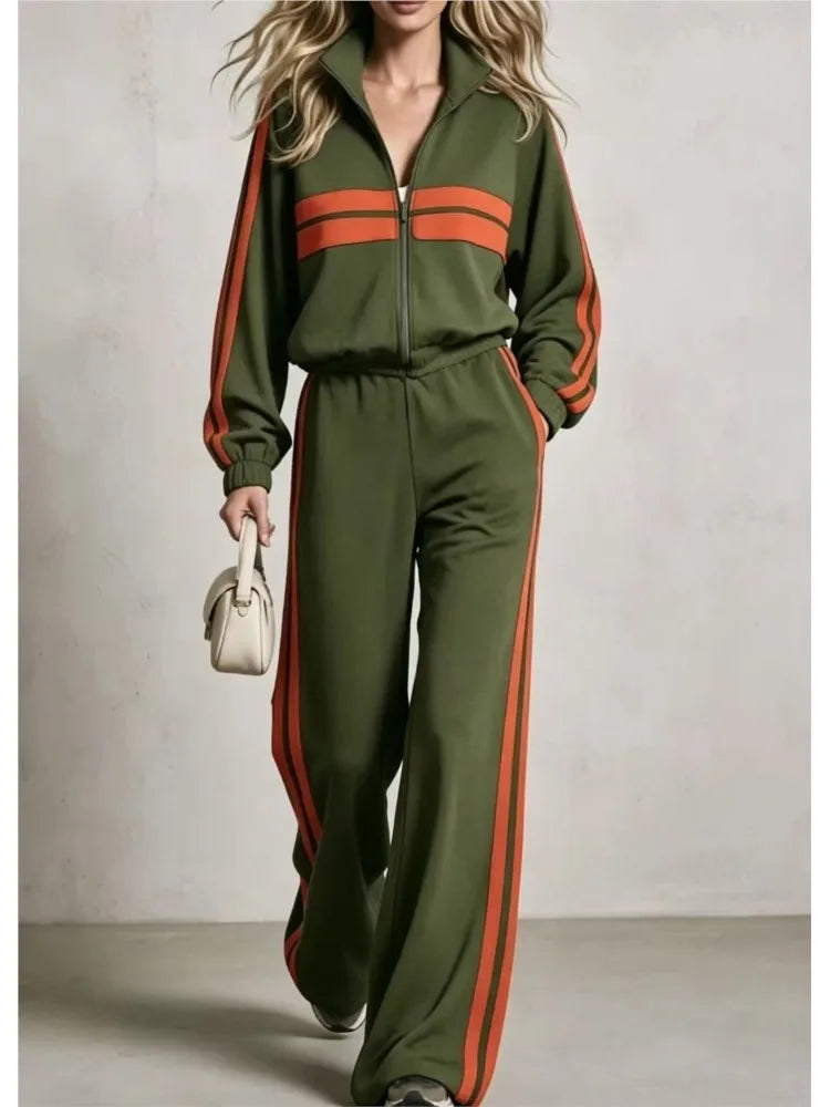 2Piece wide leg  Tracksuit Set with Stand Collar and  Zip Up Striped Jacket