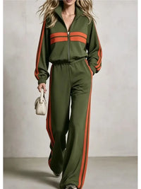 2Piece wide leg  Tracksuit Set with Stand Collar and  Zip Up Striped Jacket