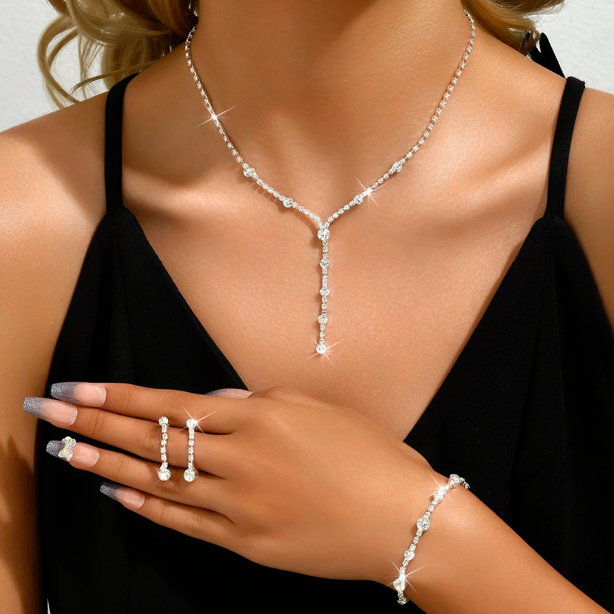Rhinestione Earrings Necklace Bracelet  Set