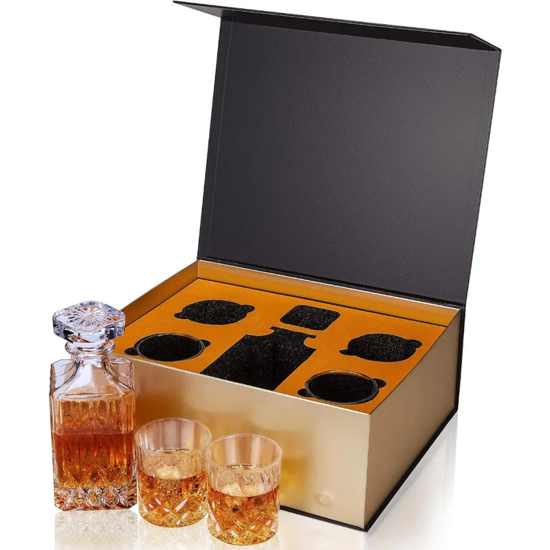 Whiskey Decanter and Glasses Set in Unique Gift Box - Original Crystal Liquor Decanter Set