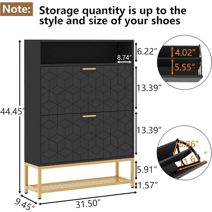 Shoe Cabinet, Free Standing Tipping Bucket Shoe Rack Organizer with 2 Flip Drawers and Shelf & Top Cubby,Narrow Shoe Storage