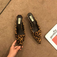 Lolita Casual Low Heel Faux Suede Leopard Printed Mules