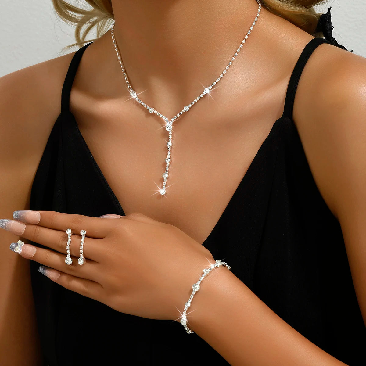 Rhinestione Earrings Necklace Bracelet  Set