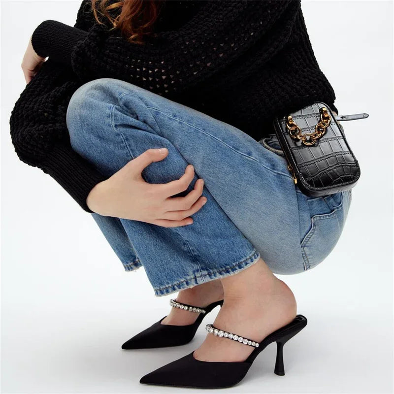Sparkling Black Rhinestones Low Heel Mules