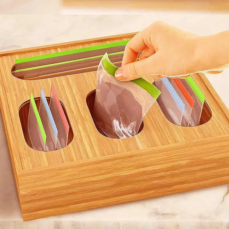 Bamboo Kitchen Ziplock bag Dispenser with Aluminum Foil Cutter