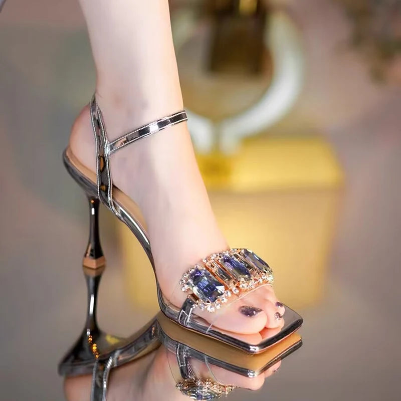 Women Crystal  strappy Square Toed High Heels Sandals