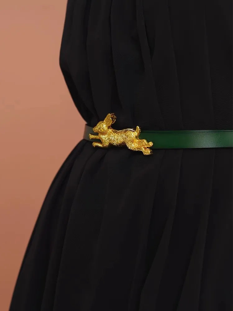 Gold Designer Rabbit Buckled Leather Belt