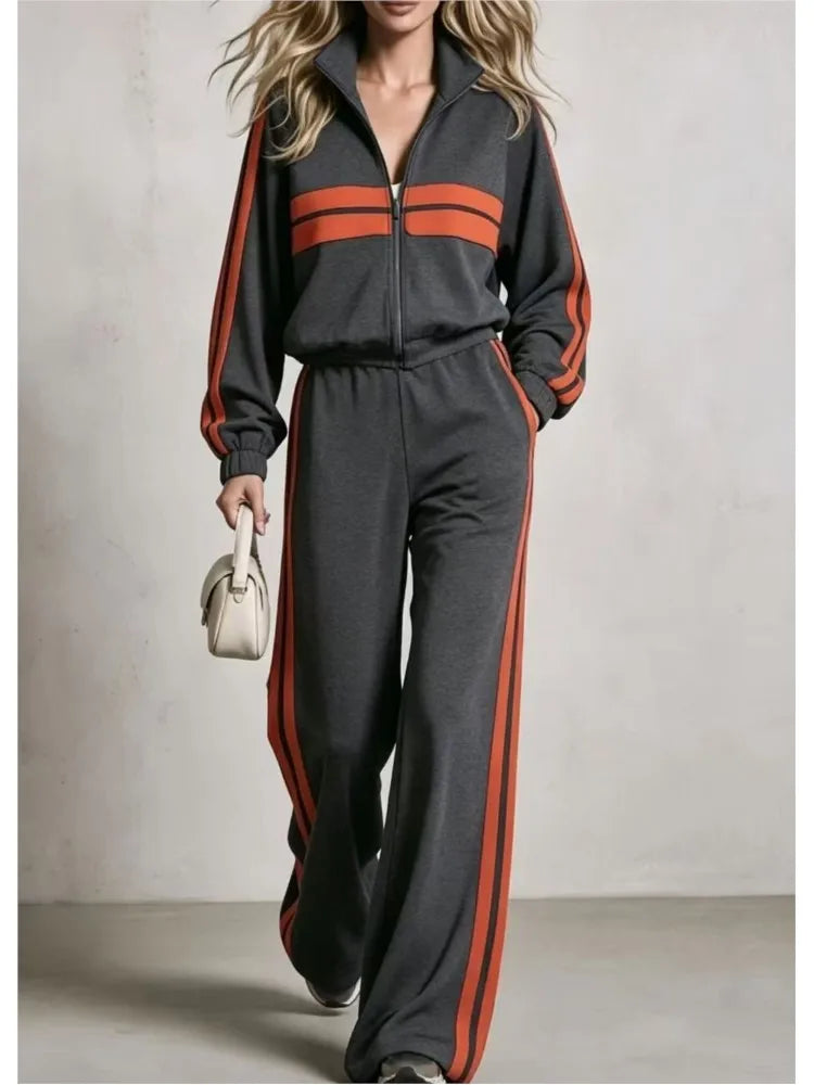 2Piece wide leg  Tracksuit Set with Stand Collar and  Zip Up Striped Jacket