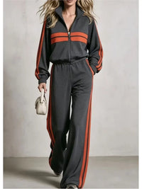2Piece wide leg  Tracksuit Set with Stand Collar and  Zip Up Striped Jacket
