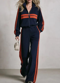 2Piece wide leg  Tracksuit Set with Stand Collar and  Zip Up Striped Jacket