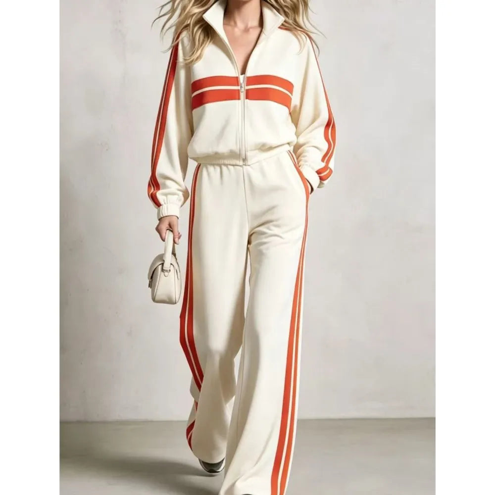 2Piece wide leg  Tracksuit Set with Stand Collar and  Zip Up Striped Jacket
