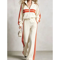 2Piece wide leg  Tracksuit Set with Stand Collar and  Zip Up Striped Jacket
