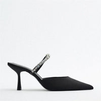 Sparkling Black Rhinestones Low Heel Mules