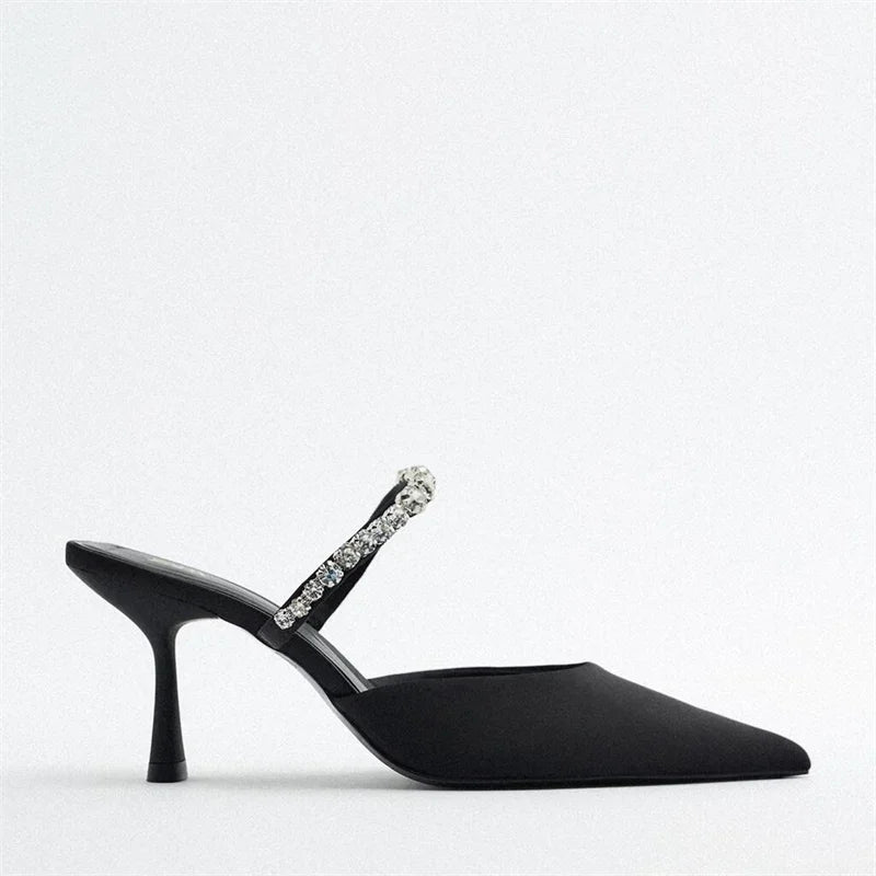 Sparkling Black Rhinestones Low Heel Mules
