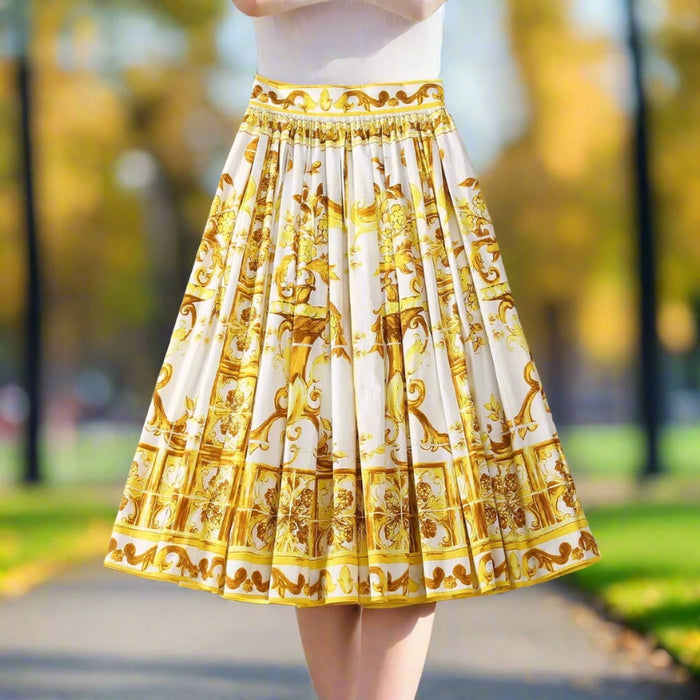 Delicate Knee length  Cotton Yellow court pleated skirt