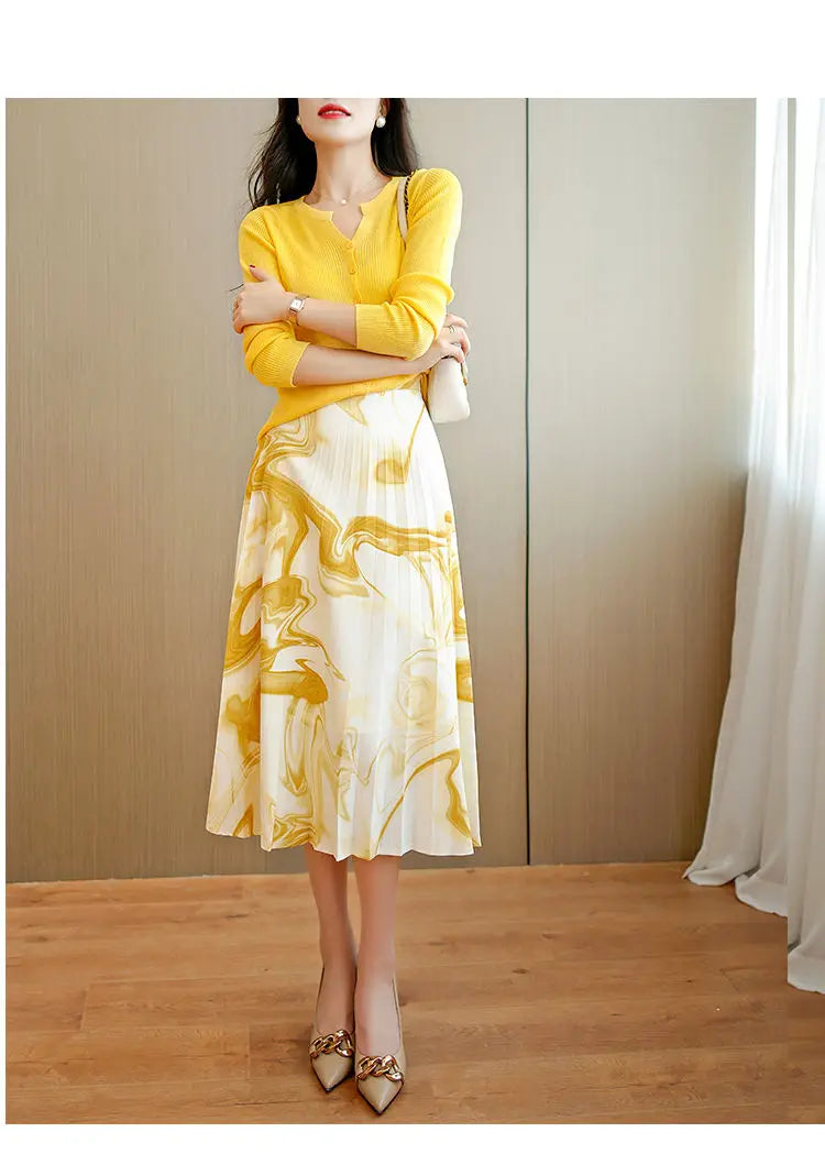 Sophisticated  A-Line High Waisted Yellow Skirt set