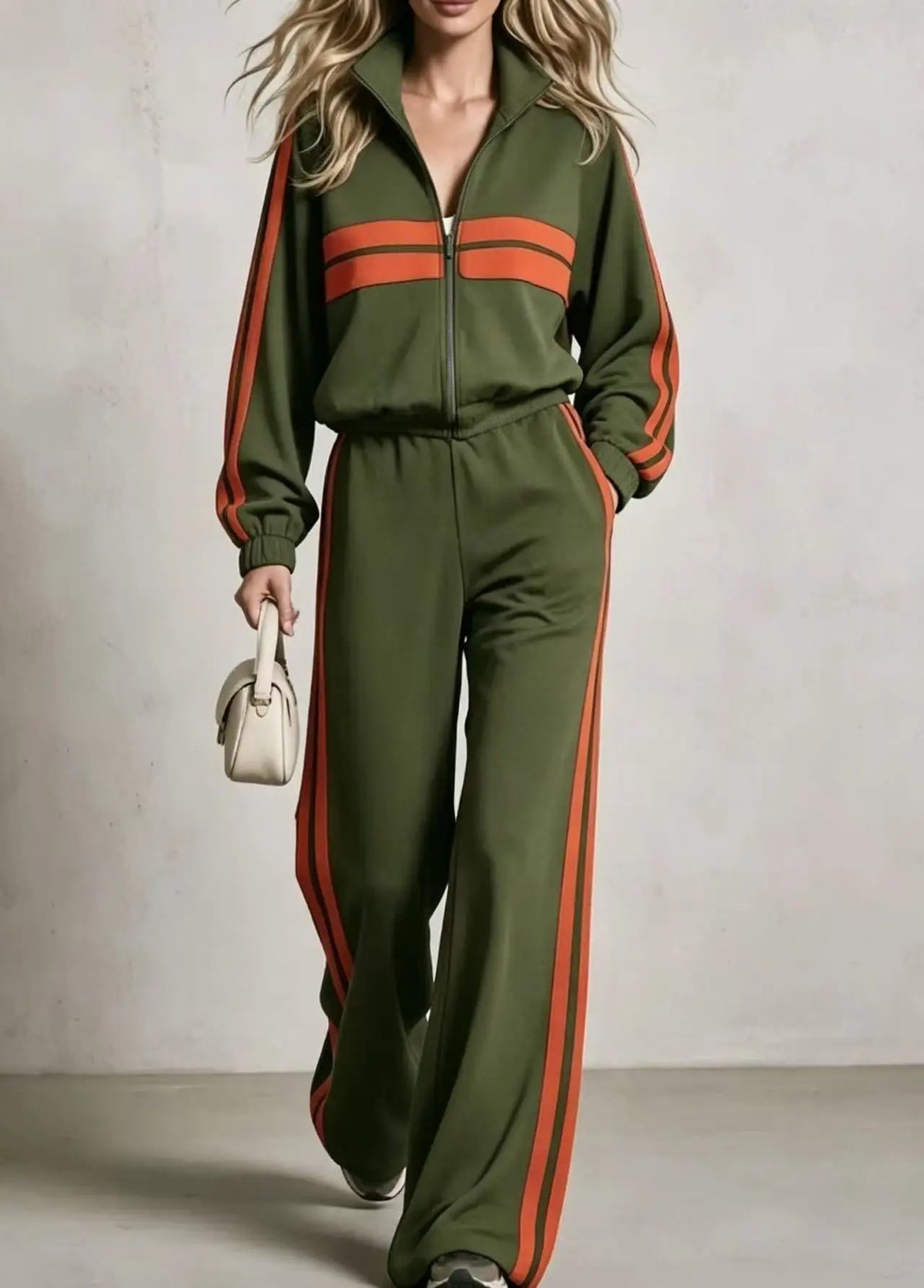 2Piece wide leg  Tracksuit Set with Stand Collar and  Zip Up Striped Jacket