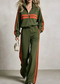 2Piece wide leg  Tracksuit Set with Stand Collar and  Zip Up Striped Jacket