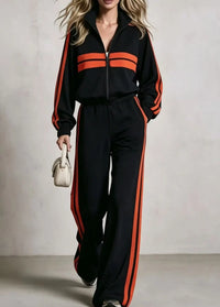 2Piece wide leg  Tracksuit Set with Stand Collar and  Zip Up Striped Jacket