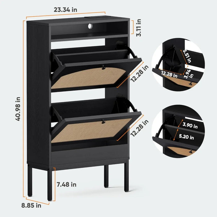 Shoe Cabinet, Shoe Storage Cabinet with 2 Flip Drawers, Slim Shoe Storage Rack with Charging Station for Entryway, Hallway