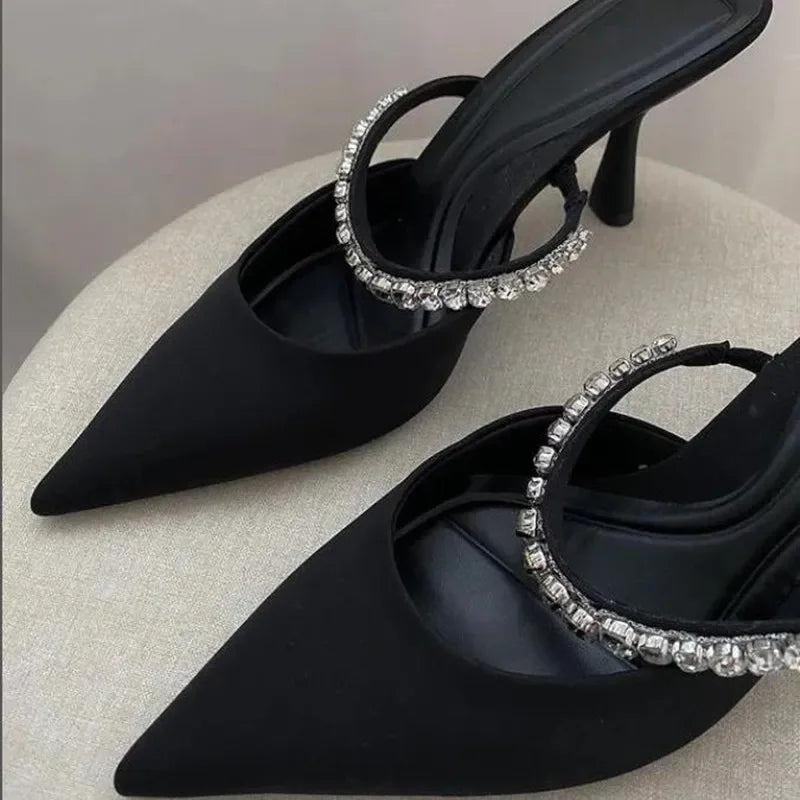 Sparkling Black Rhinestones Low Heel Mules
