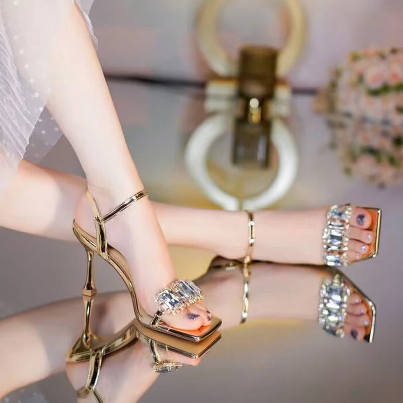 Women Crystal  strappy Square Toed High Heels Sandals
